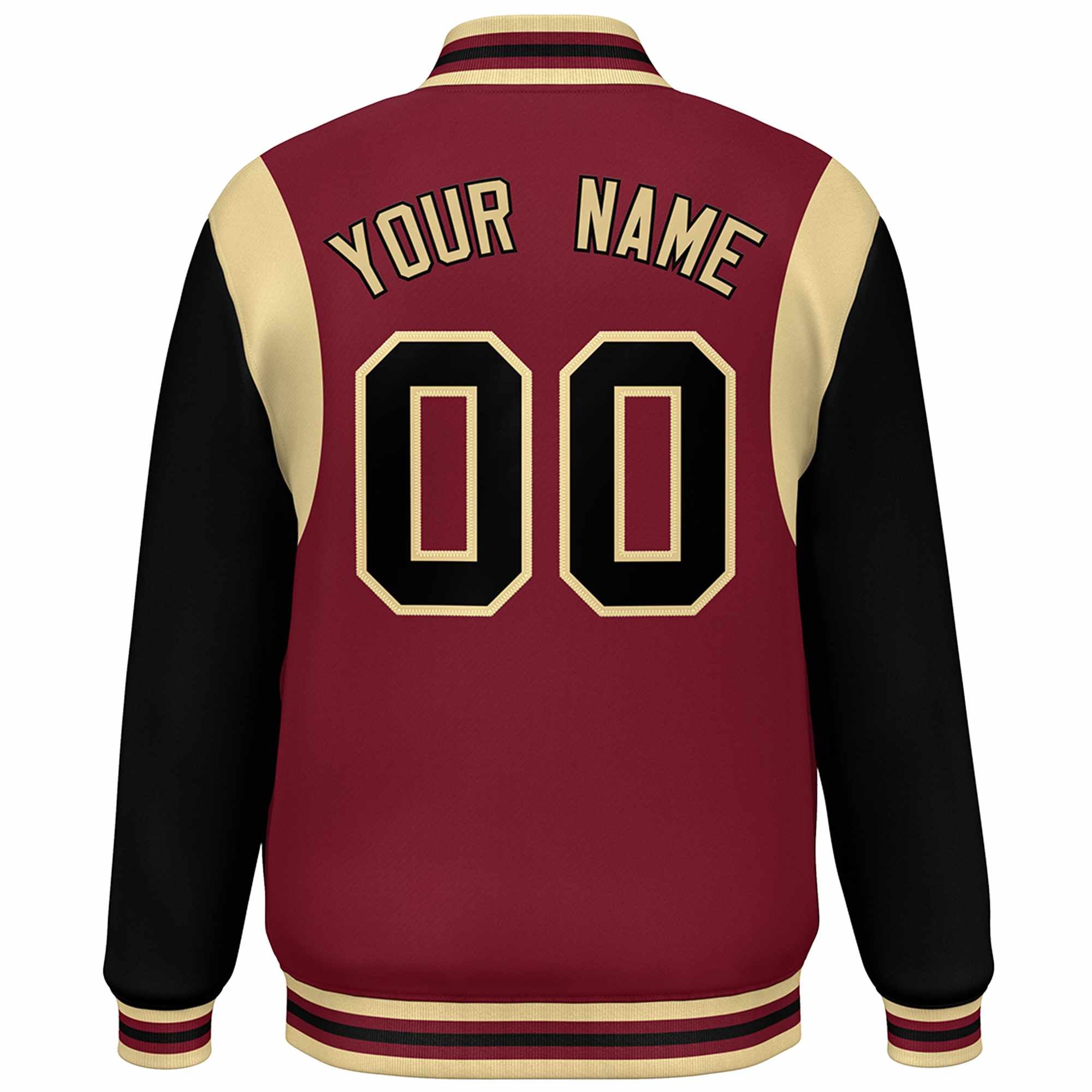 Custom Crimson Black-Khaki Color Block Bomber Varsity Full-Snap Baseball Jacket