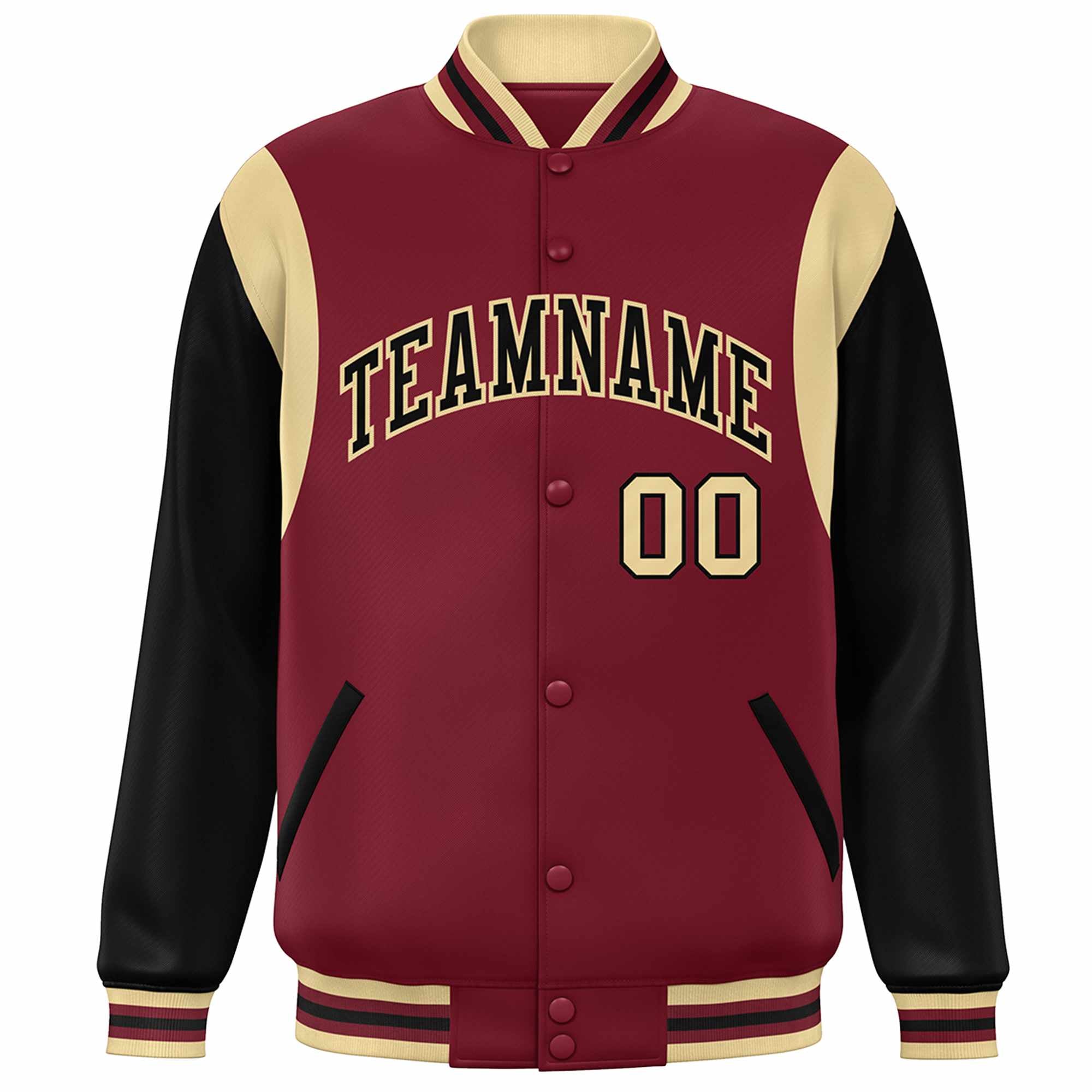 Custom Crimson Black-Khaki Color Block Bomber Varsity Full-Snap Baseball Jacket