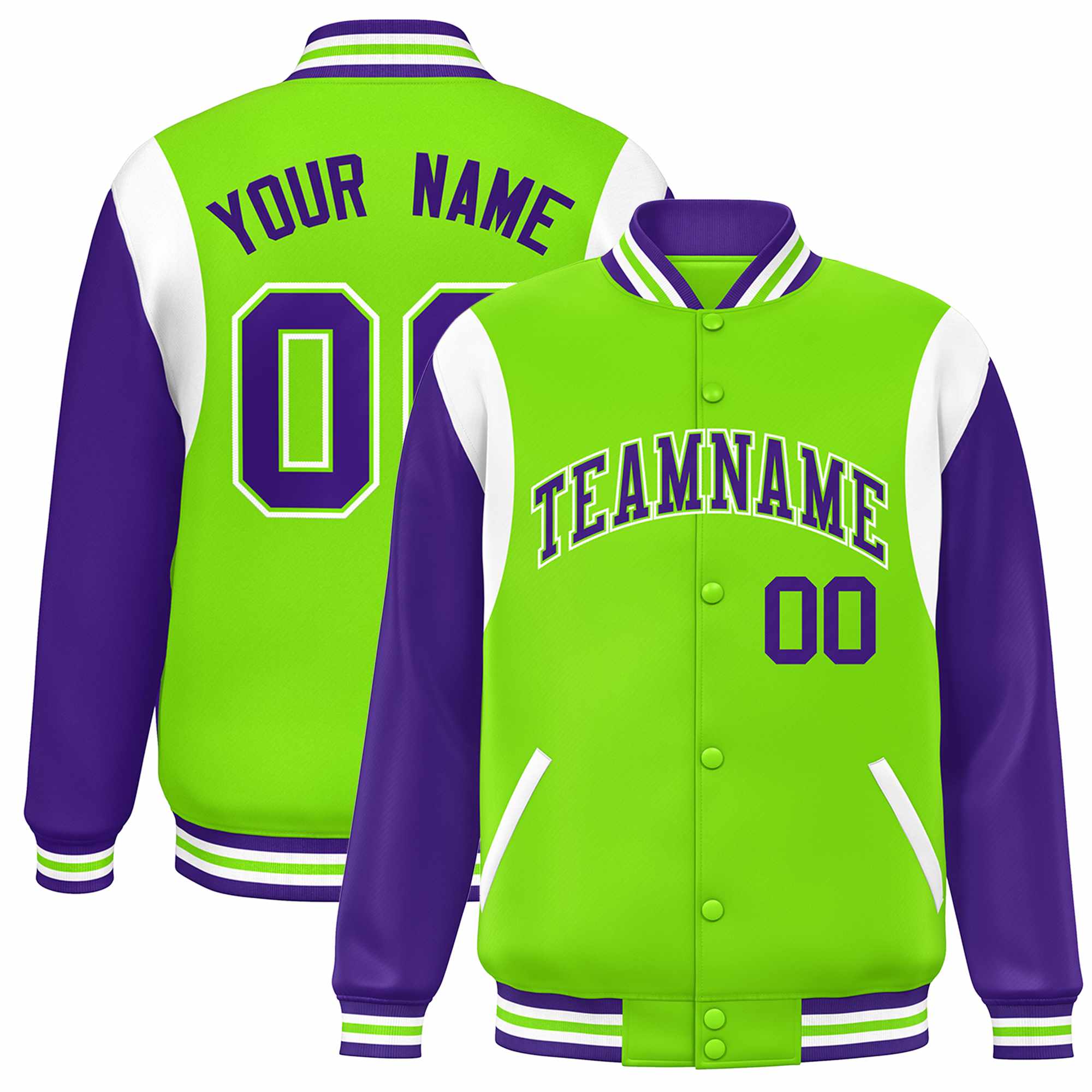 Custom Neon Green Purple-White Color Block Bomber Varsity Full-Snap Baseball Jacket