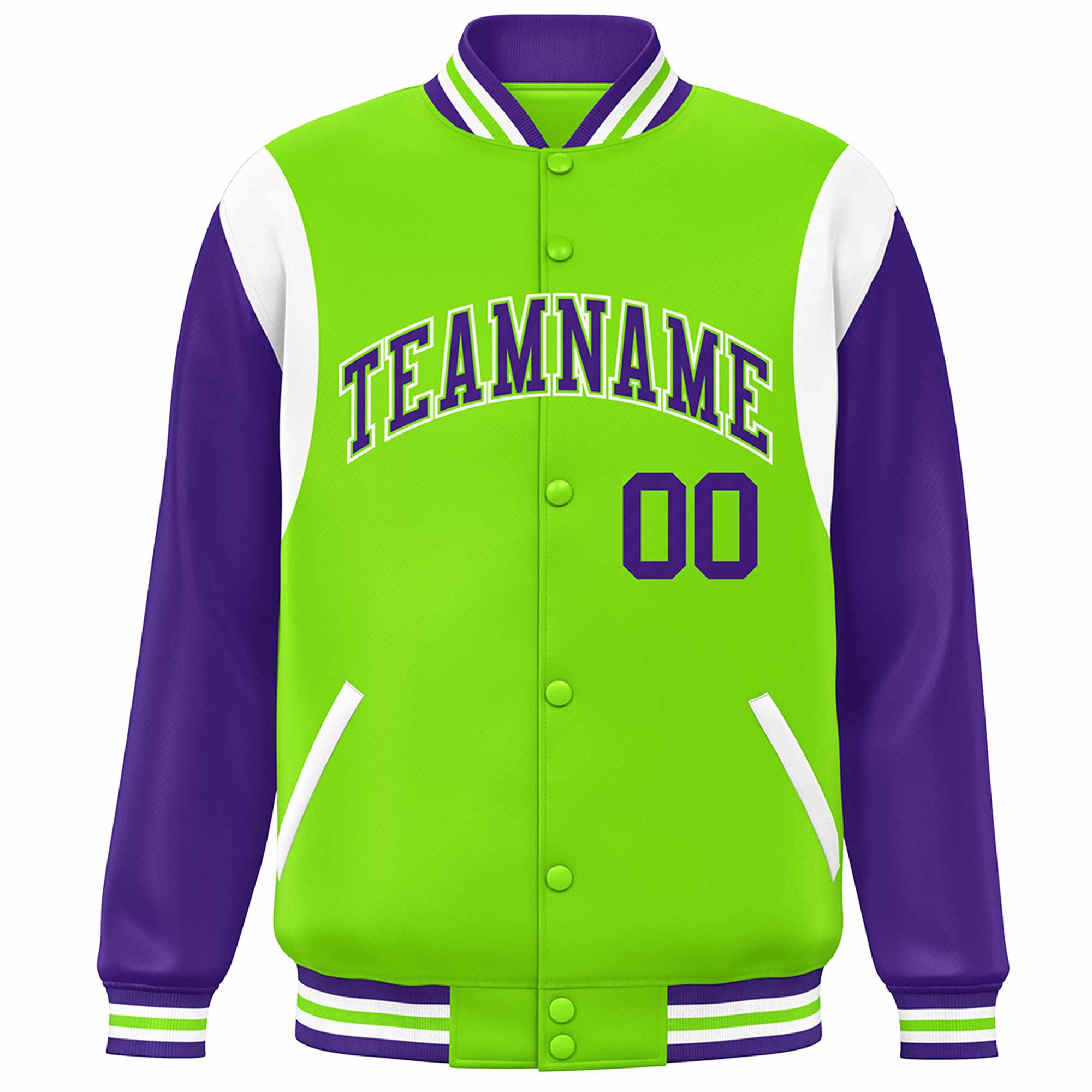 Custom Neon Green Purple-White Color Block Bomber Varsity Full-Snap Baseball Jacket