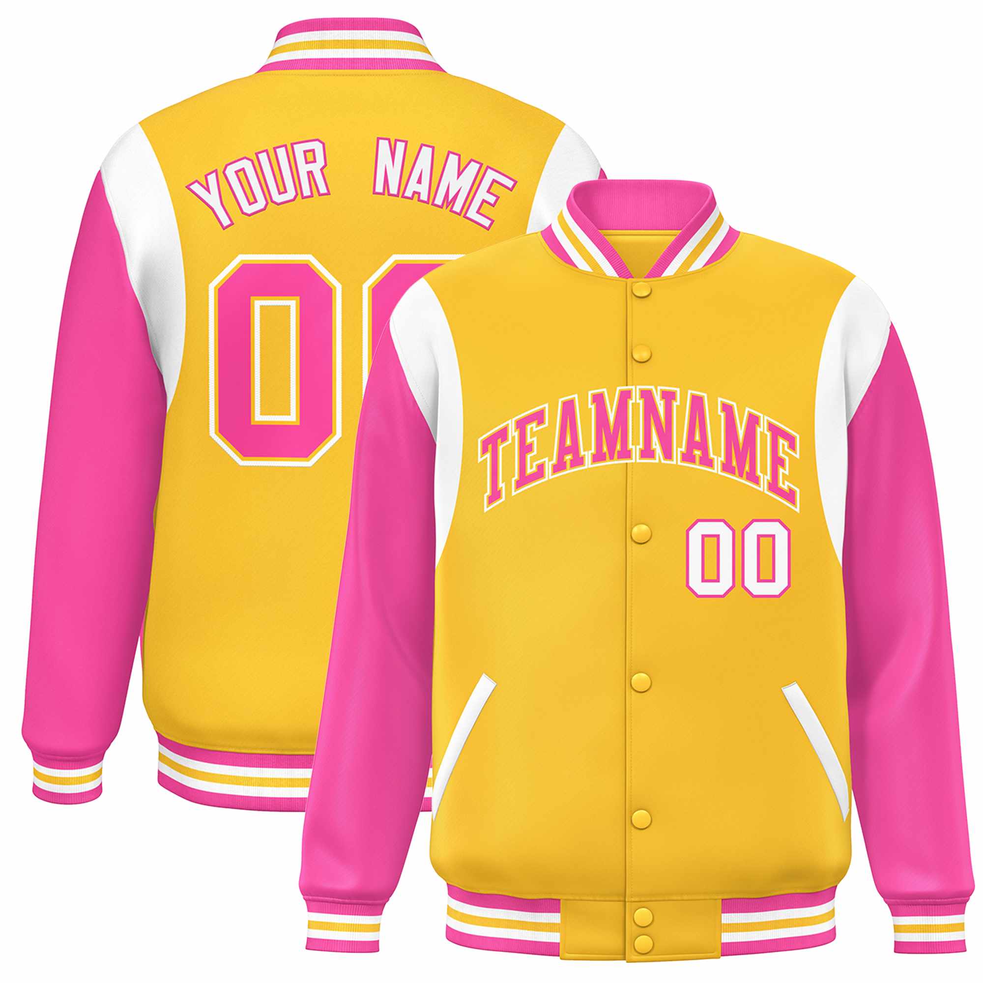 Custom Yellow Pink-White Color Block Bomber Varsity Full-Snap Baseball Jacket