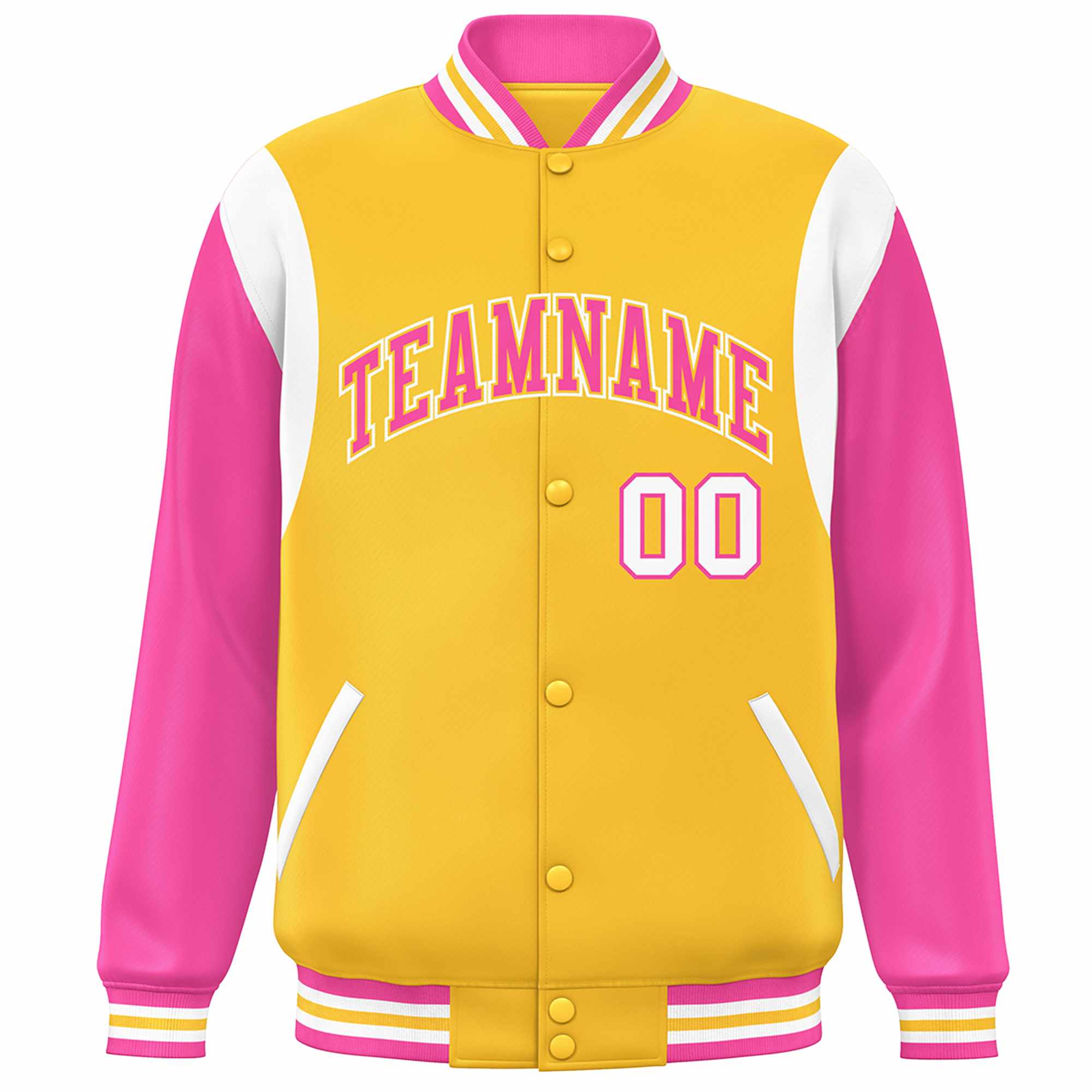 Custom Yellow Pink-White Color Block Bomber Varsity Full-Snap Baseball Jacket