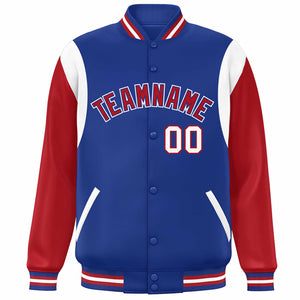 Custom Royal Red-White Color Block Bomber Varsity Full-Snap Baseball Jacket