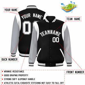 Custom Black Gray-White Color Block Bomber Varsity Full-Snap Baseball Jacket