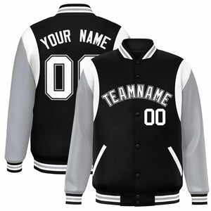 Custom Black Gray-White Color Block Bomber Varsity Full-Snap Baseball Jacket