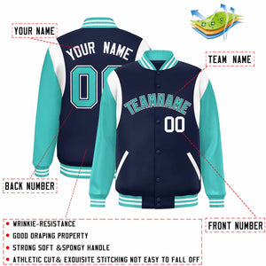 Custom Navy Aqua-White Color Block Bomber Varsity Full-Snap Baseball Jacket