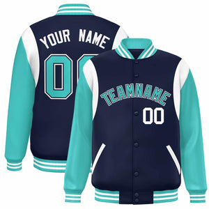 Custom Navy Aqua-White Color Block Bomber Varsity Full-Snap Baseball Jacket