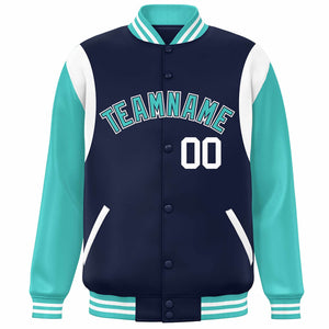 Custom Navy Aqua-White Color Block Bomber Varsity Full-Snap Baseball Jacket