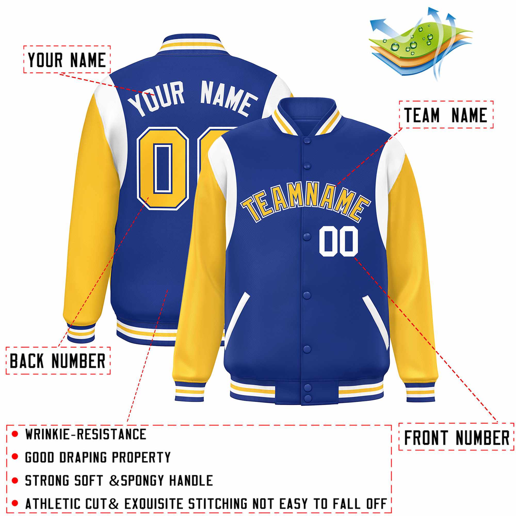 Custom Royal Yellow-White Color Block Bomber Varsity Full-Snap Baseball Jacket