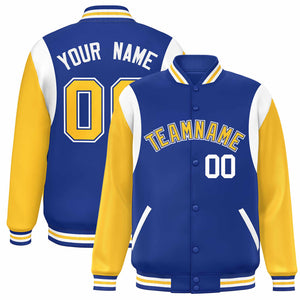 Custom Royal Yellow-White Color Block Bomber Varsity Full-Snap Baseball Jacket