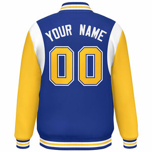 Custom Royal Yellow-White Color Block Bomber Varsity Full-Snap Baseball Jacket