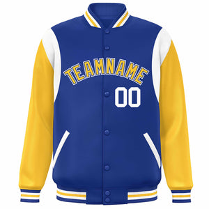 Custom Royal Yellow-White Color Block Bomber Varsity Full-Snap Baseball Jacket