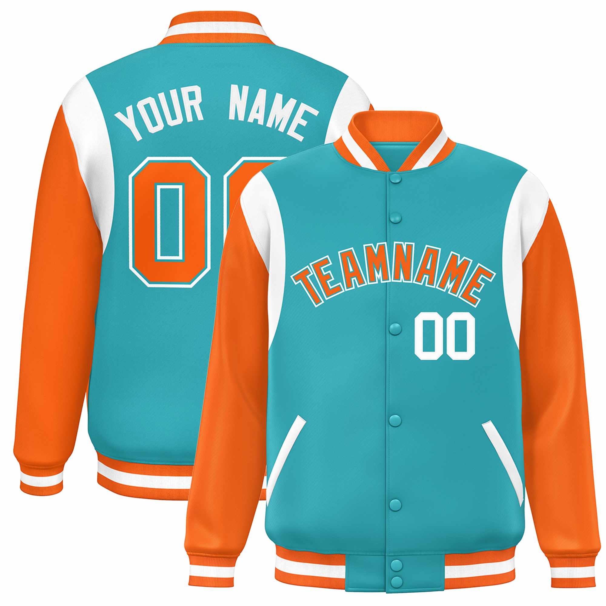 Custom Aqua Orange-White Color Block Bomber Varsity Full-Snap Baseball Jacket