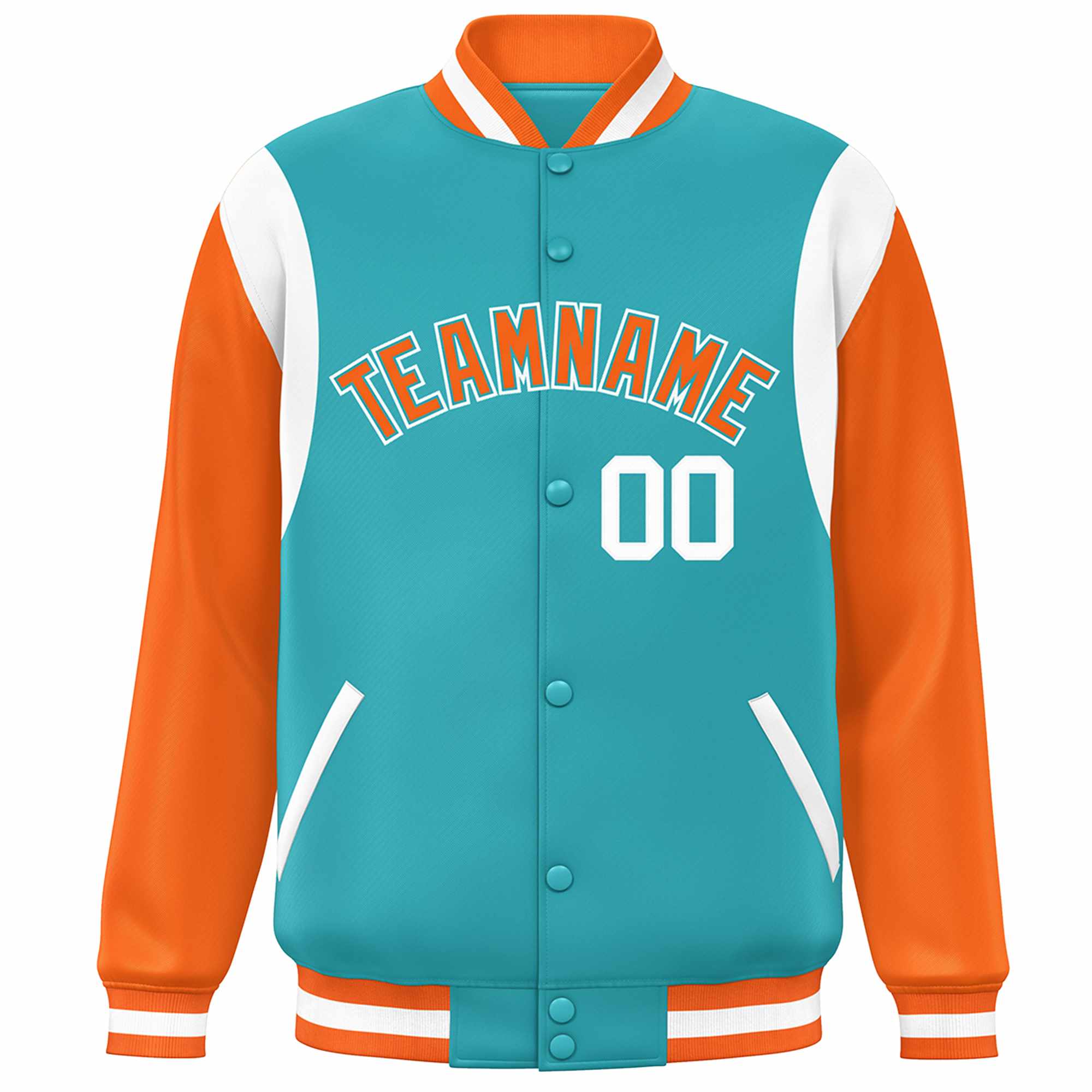 Custom Aqua Orange-White Color Block Bomber Varsity Full-Snap Baseball Jacket