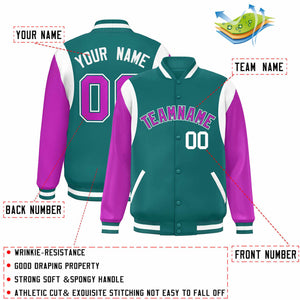 Custom Aqua Purple-White Color Block Bomber Varsity Full-Snap Baseball Jacket