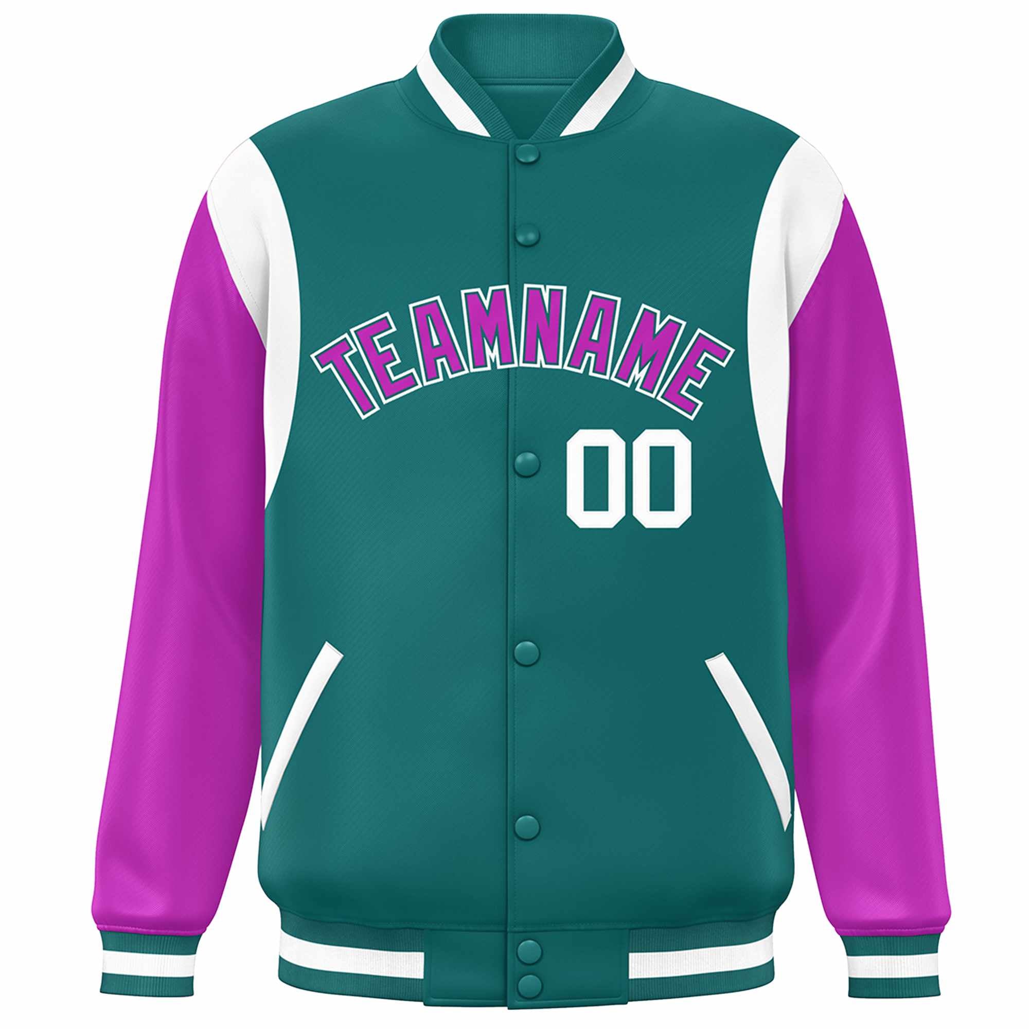 Custom Aqua Purple-White Color Block Bomber Varsity Full-Snap Baseball Jacket