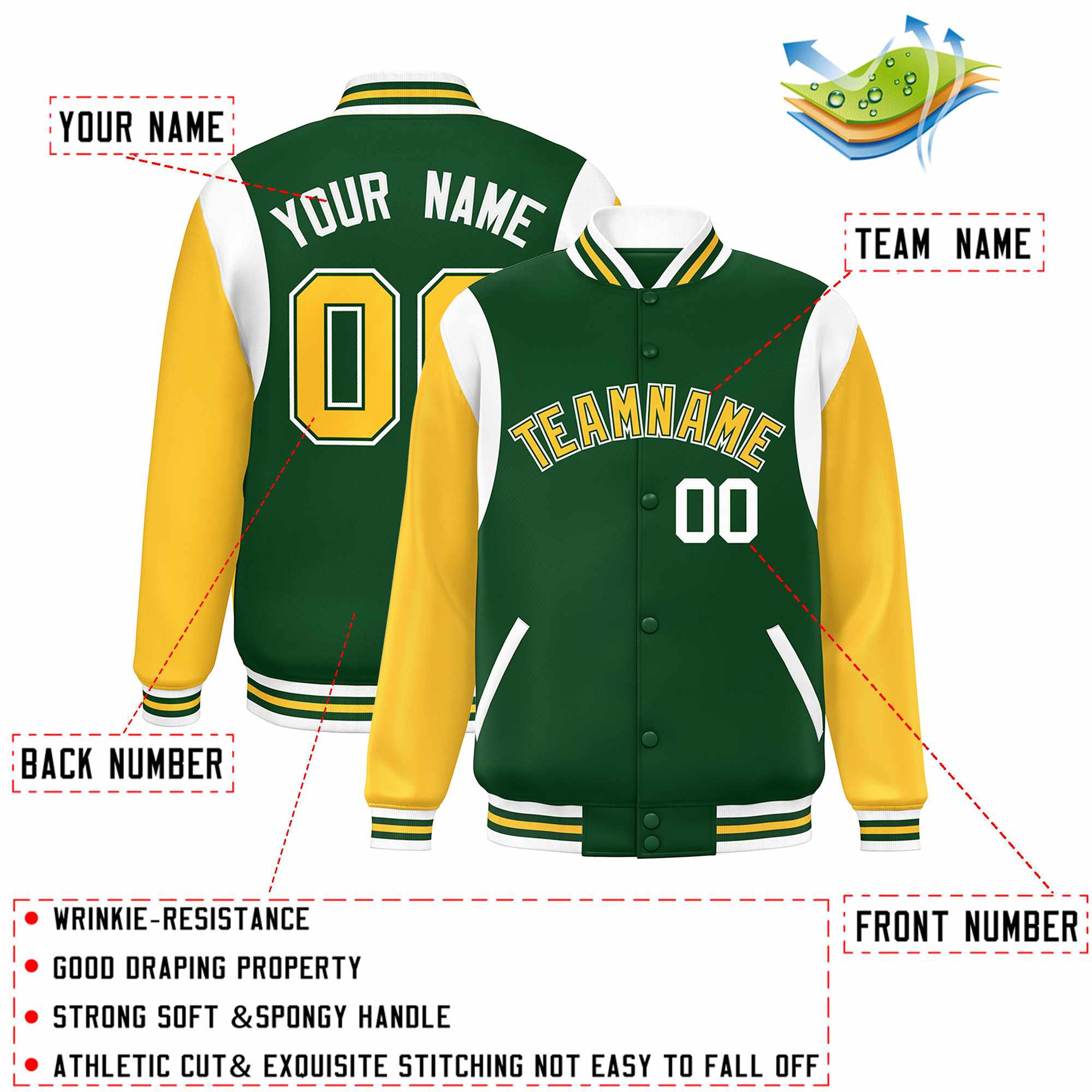 Custom Green Yellow-White Color Block Bomber Varsity Full-Snap Baseball Jacket