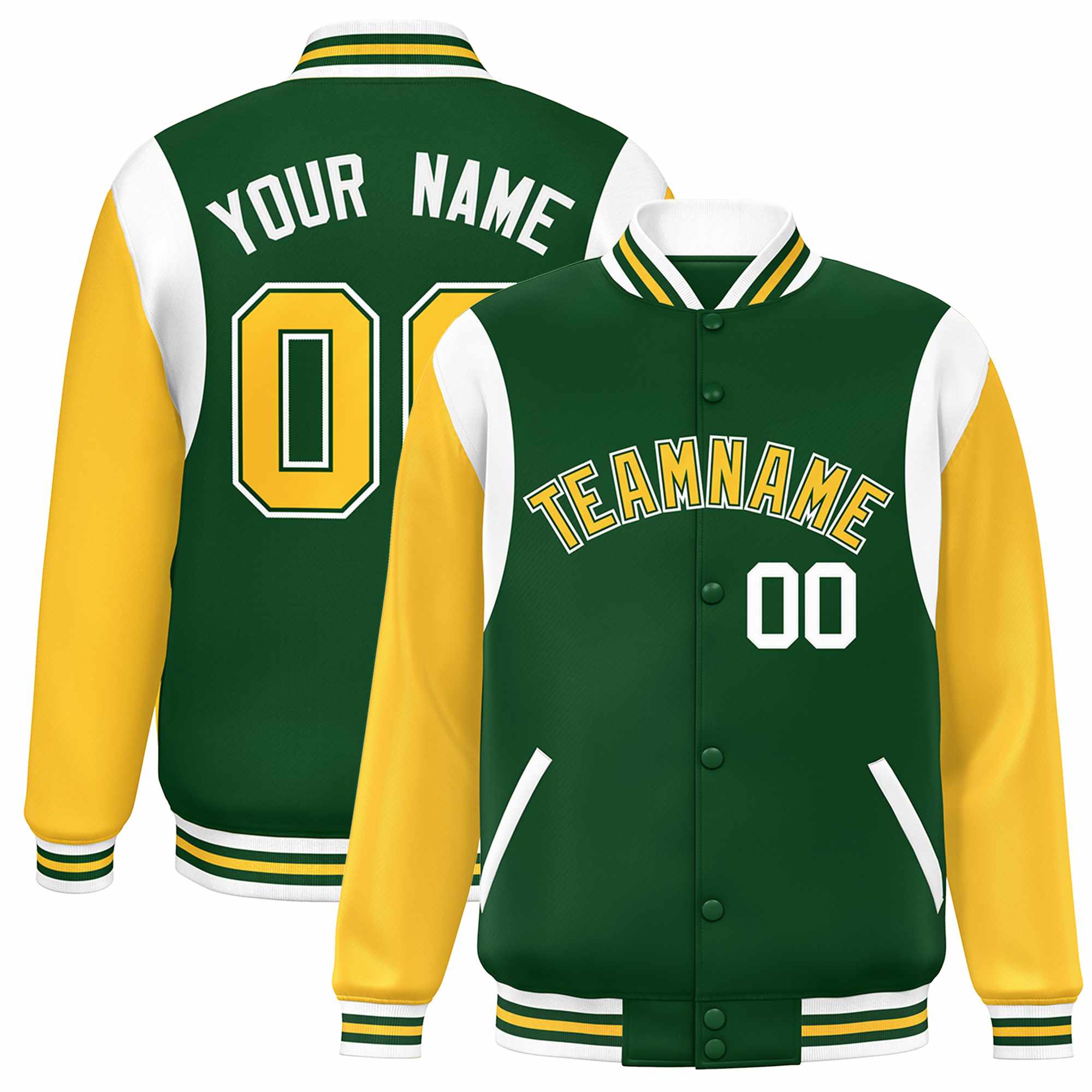 Custom Green Yellow-White Color Block Bomber Varsity Full-Snap Baseball Jacket