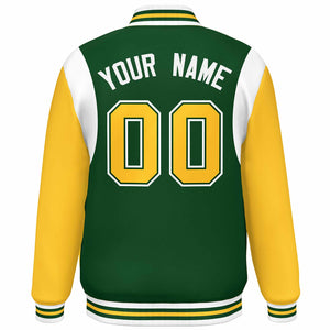 Custom Green Yellow-White Color Block Bomber Varsity Full-Snap Baseball Jacket