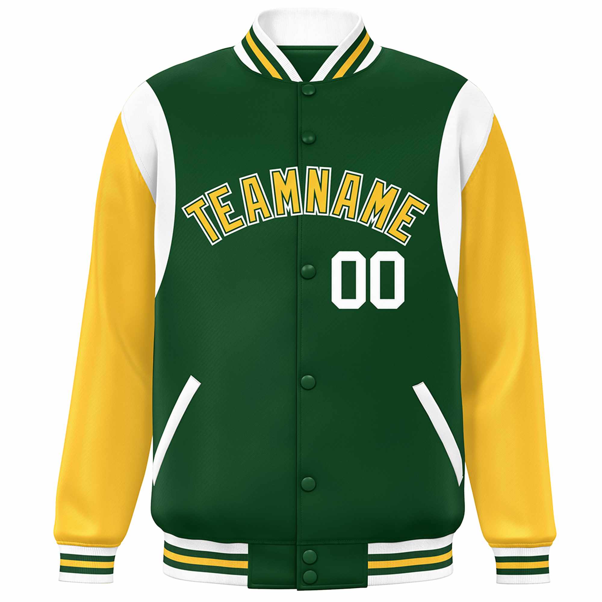 Custom Green Yellow-White Color Block Bomber Varsity Full-Snap Baseball Jacket