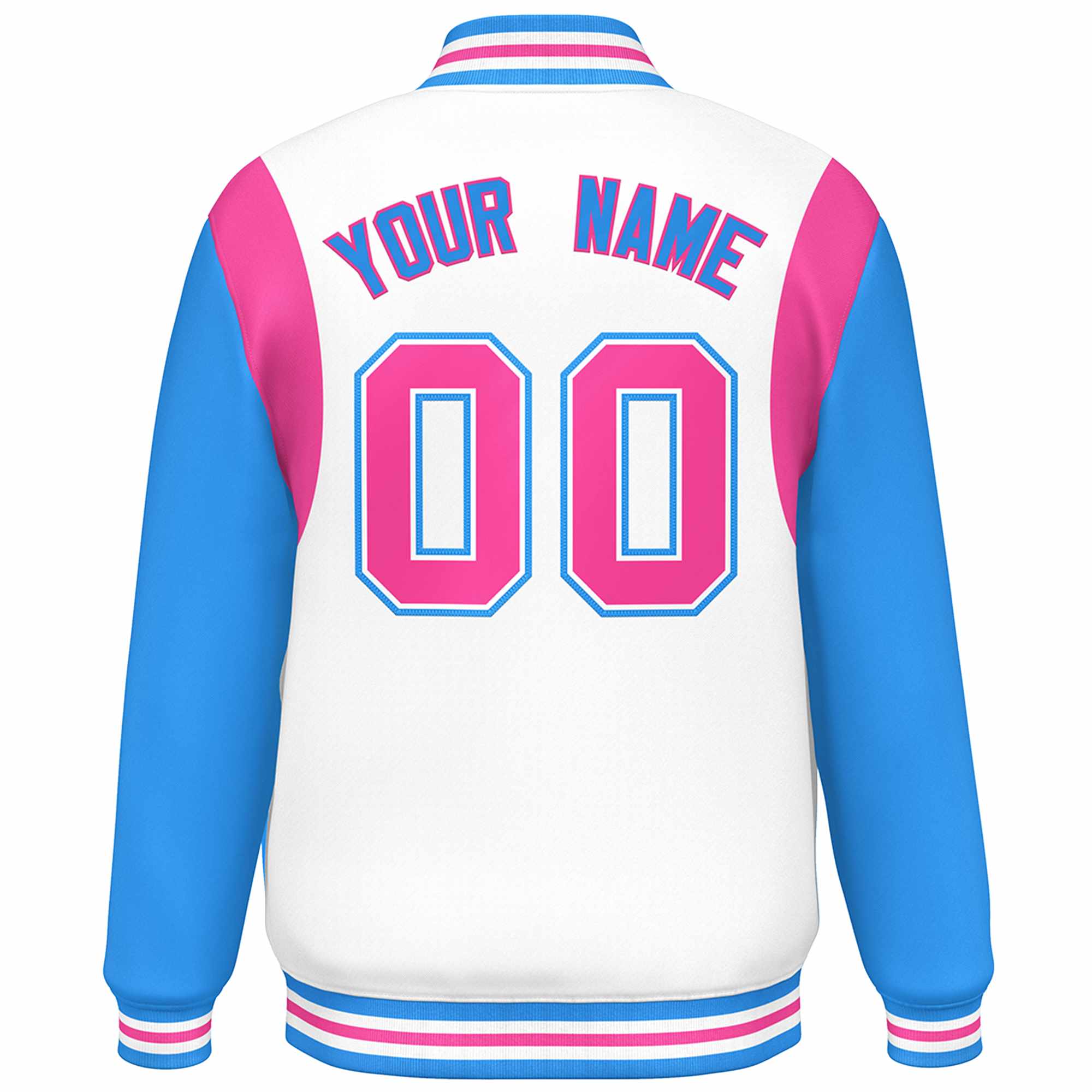 Custom White Powder Blue-Pink Color Block Bomber Varsity Full-Snap Baseball Jacket