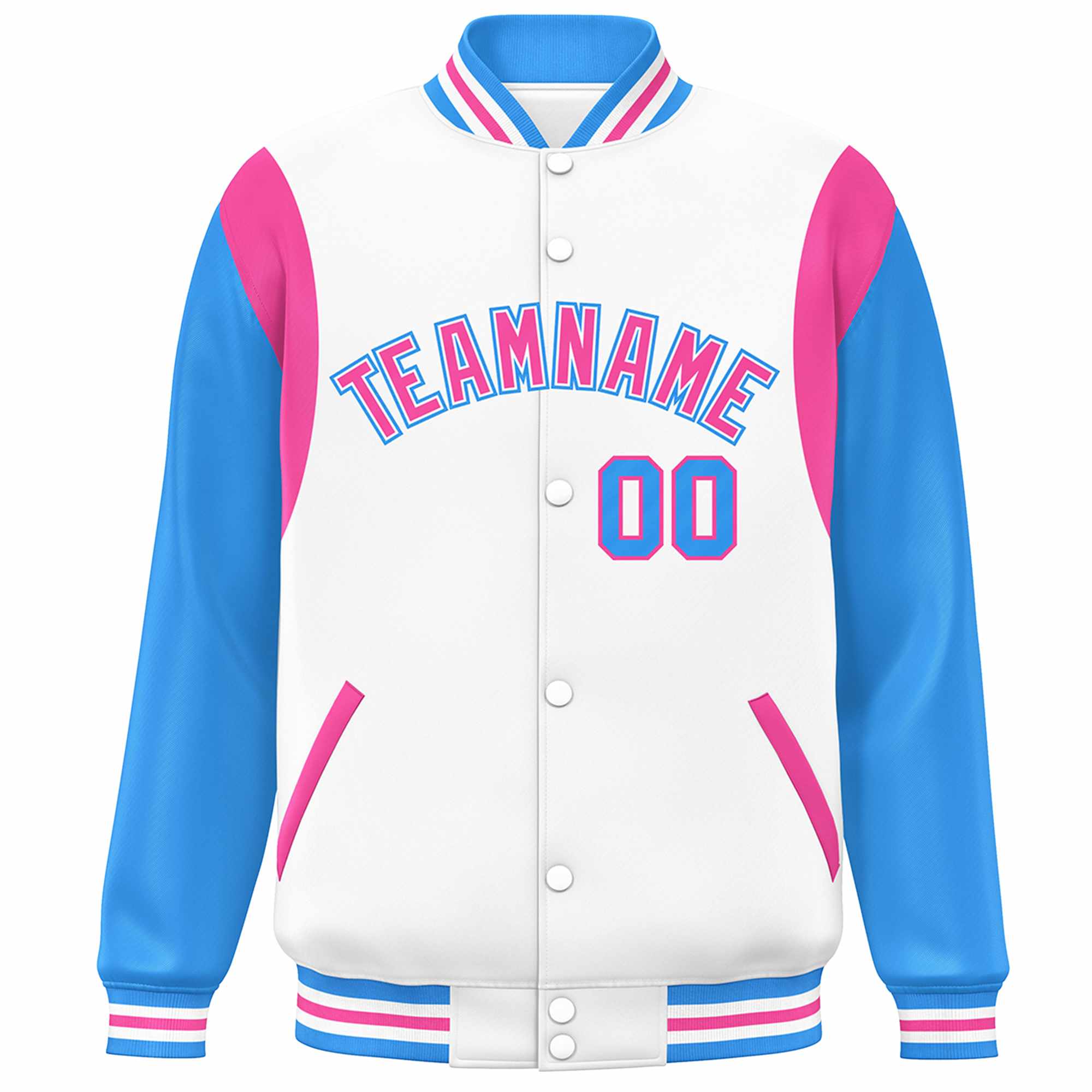 Custom White Powder Blue-Pink Color Block Bomber Varsity Full-Snap Baseball Jacket