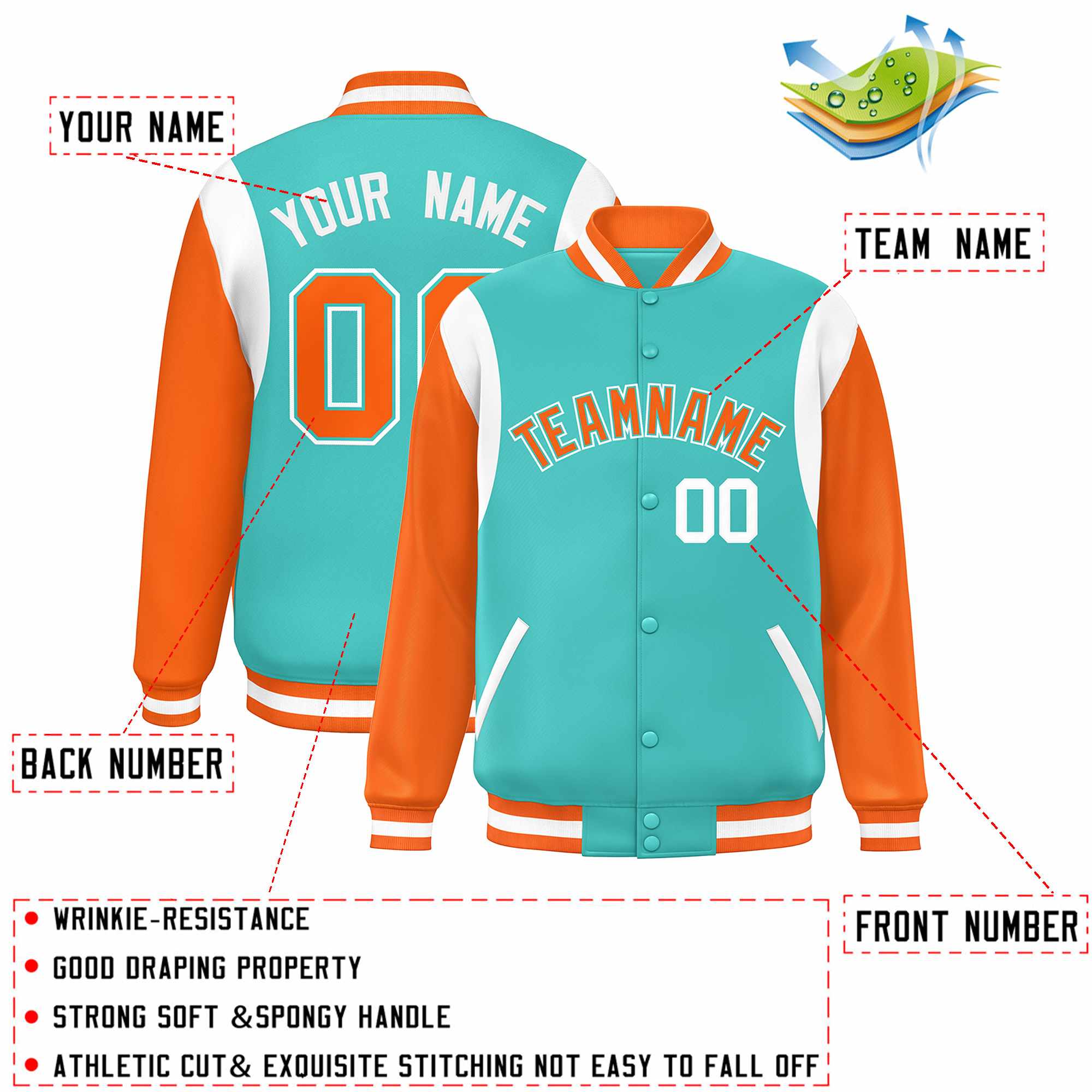 Custom Aqua Orange-White Color Block Bomber Varsity Full-Snap Baseball Jacket