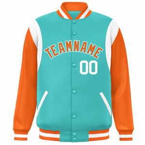 Custom Aqua Orange-White Color Block Bomber Varsity Full-Snap Baseball Jacket