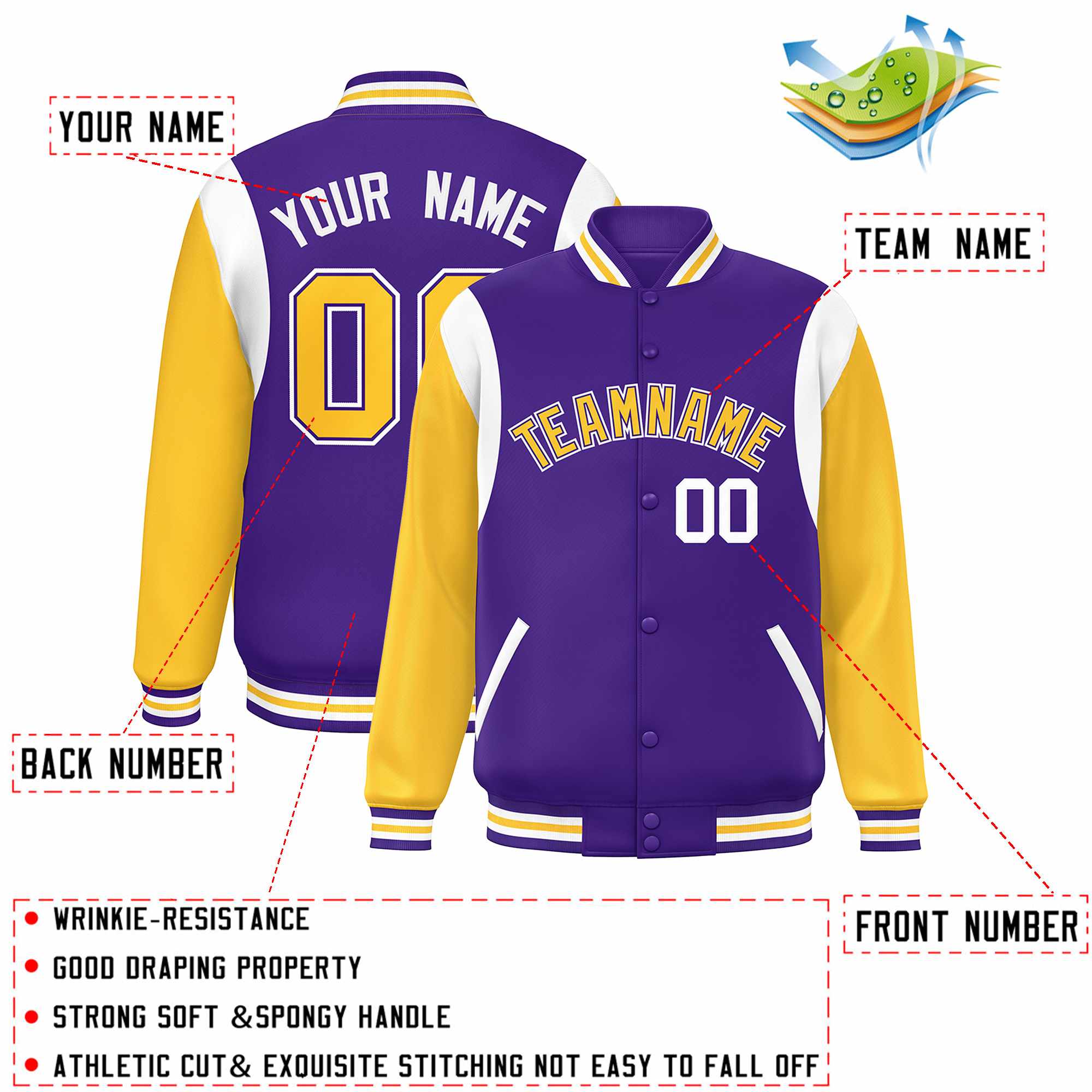 Custom Purple Yellow-White Color Block Bomber Varsity Full-Snap Baseball Jacket