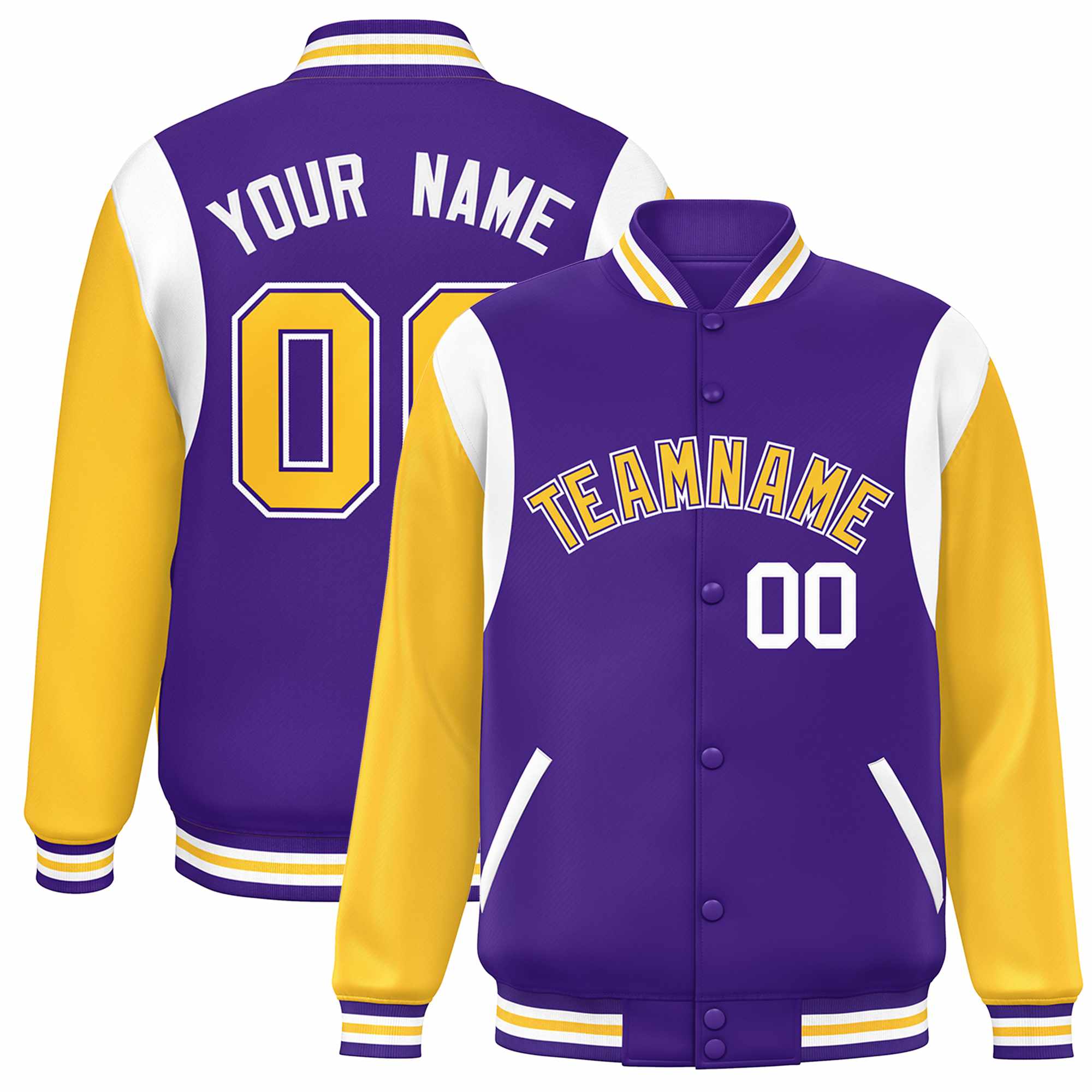 Custom Purple Yellow-White Color Block Bomber Varsity Full-Snap Baseball Jacket