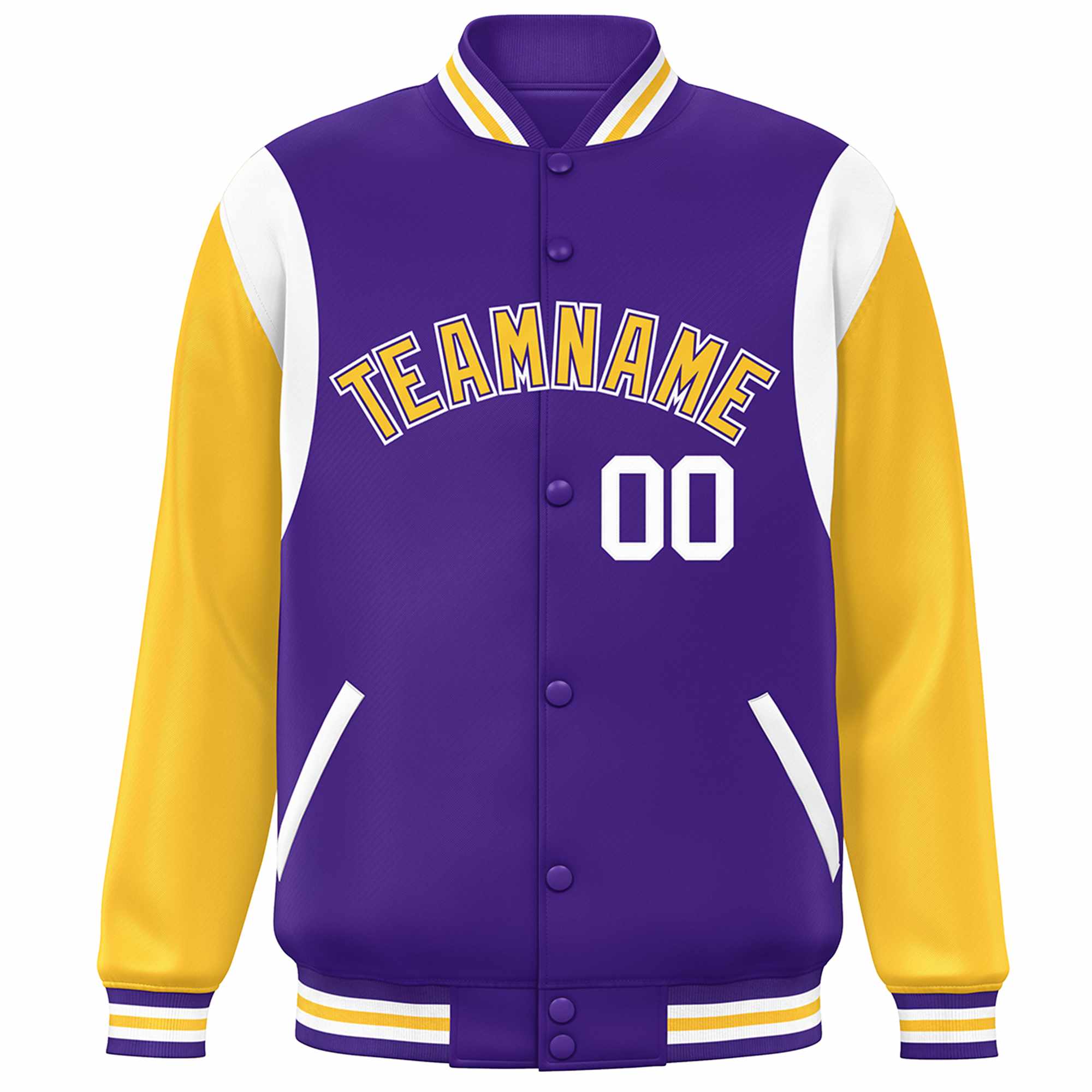 Custom Purple Yellow-White Color Block Bomber Varsity Full-Snap Baseball Jacket