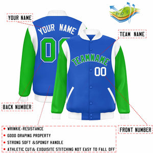 Custom Blue Kelly Green-White Color Block Bomber Varsity Full-Snap Baseball Jacket