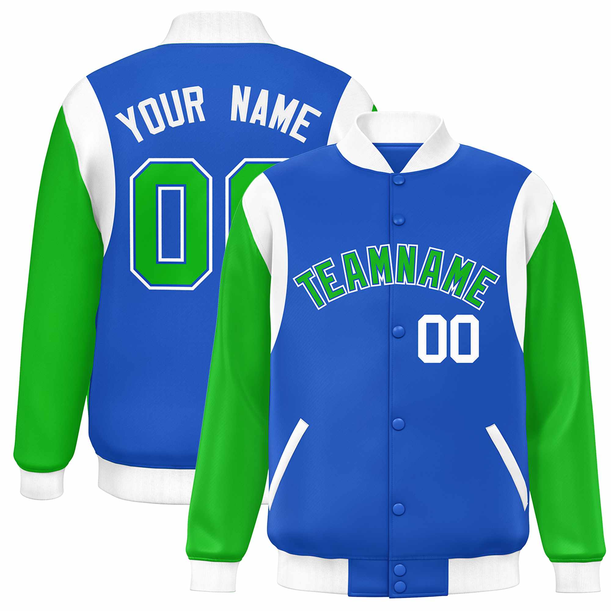 Custom Blue Kelly Green-White Color Block Bomber Varsity Full-Snap Baseball Jacket