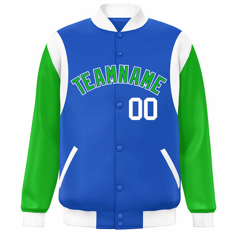 Custom Blue Kelly Green-White Color Block Bomber Varsity Full-Snap Baseball Jacket