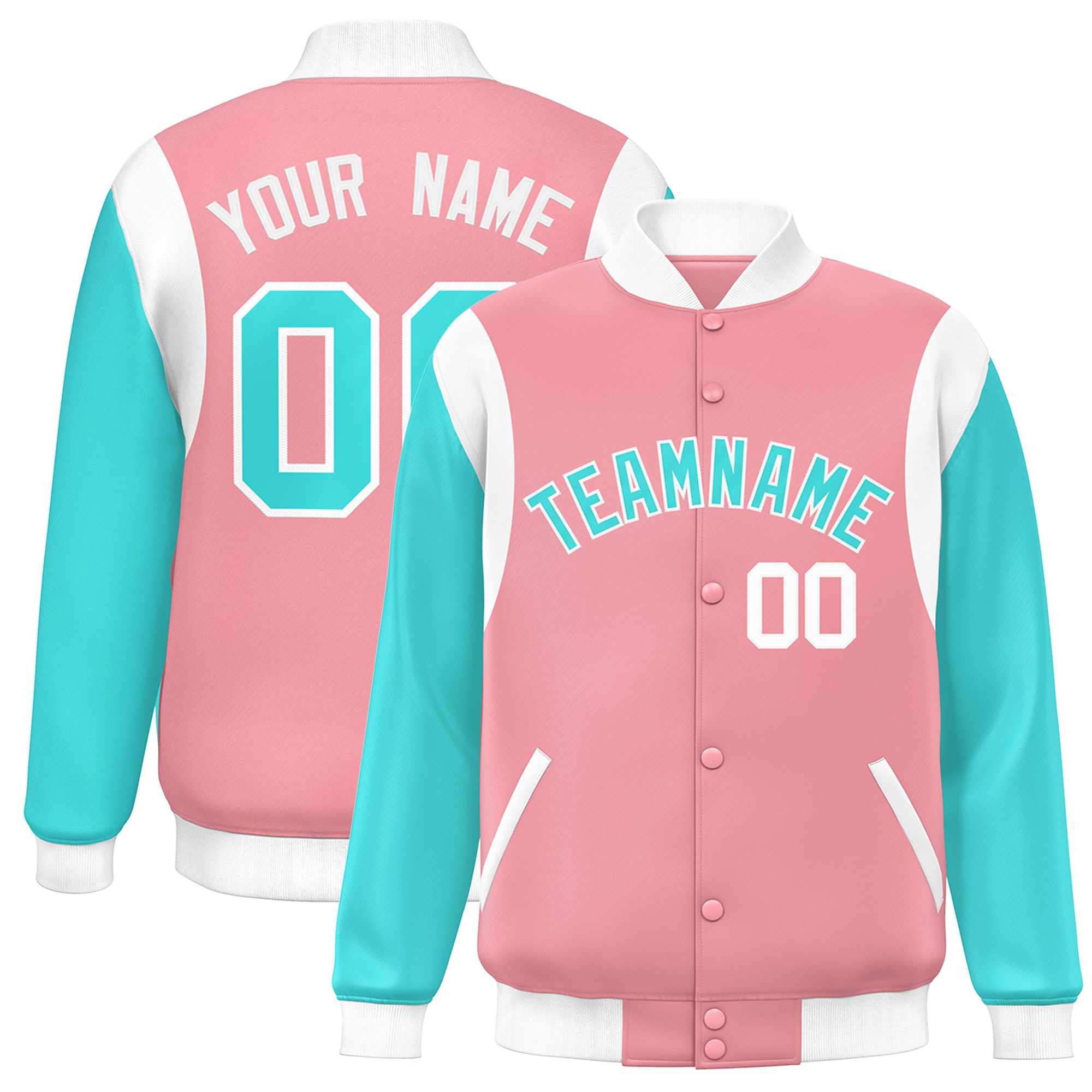 Custom Pink Aqua-White Color Block Bomber Varsity Full-Snap Baseball Jacket