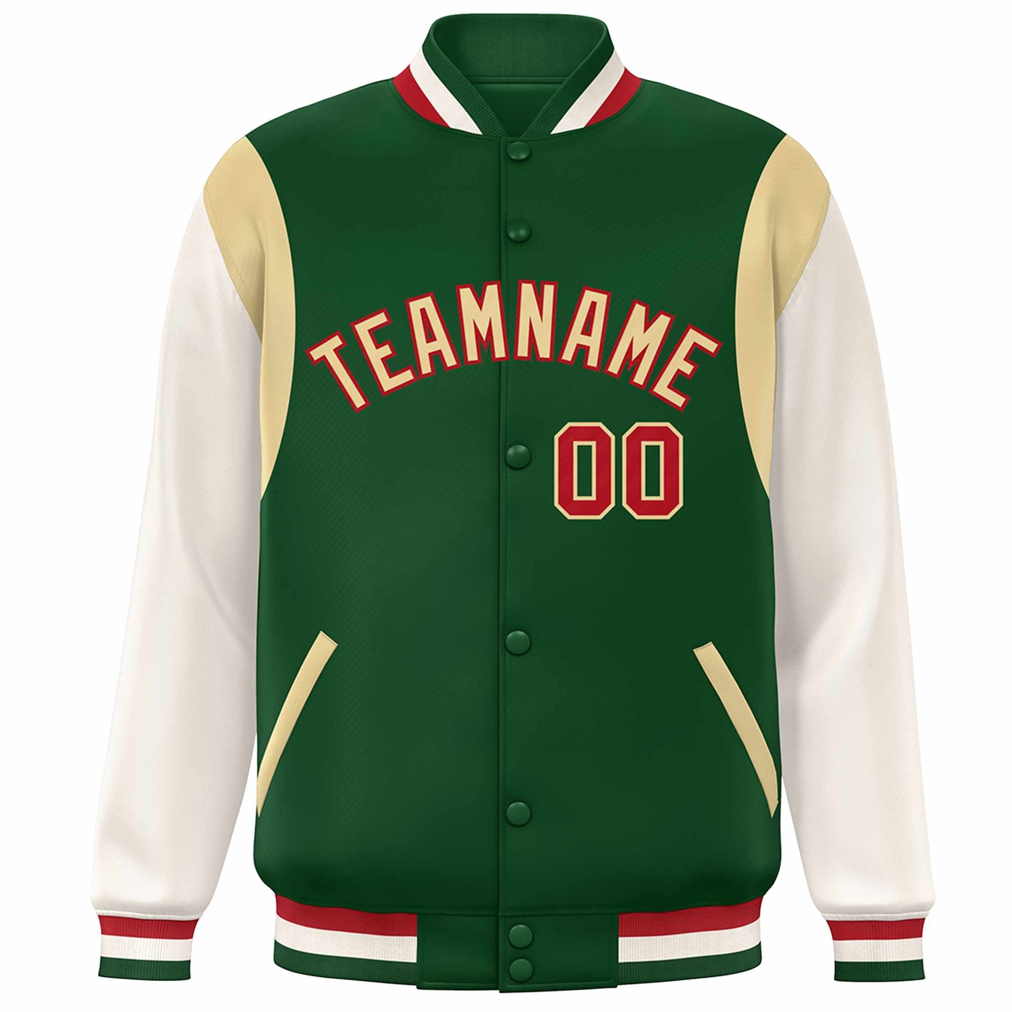 Custom Green Khaki-Red Color Block Bomber Varsity Full-Snap Baseball Jacket