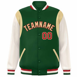 Custom Green Khaki-Red Color Block Bomber Varsity Full-Snap Baseball Jacket