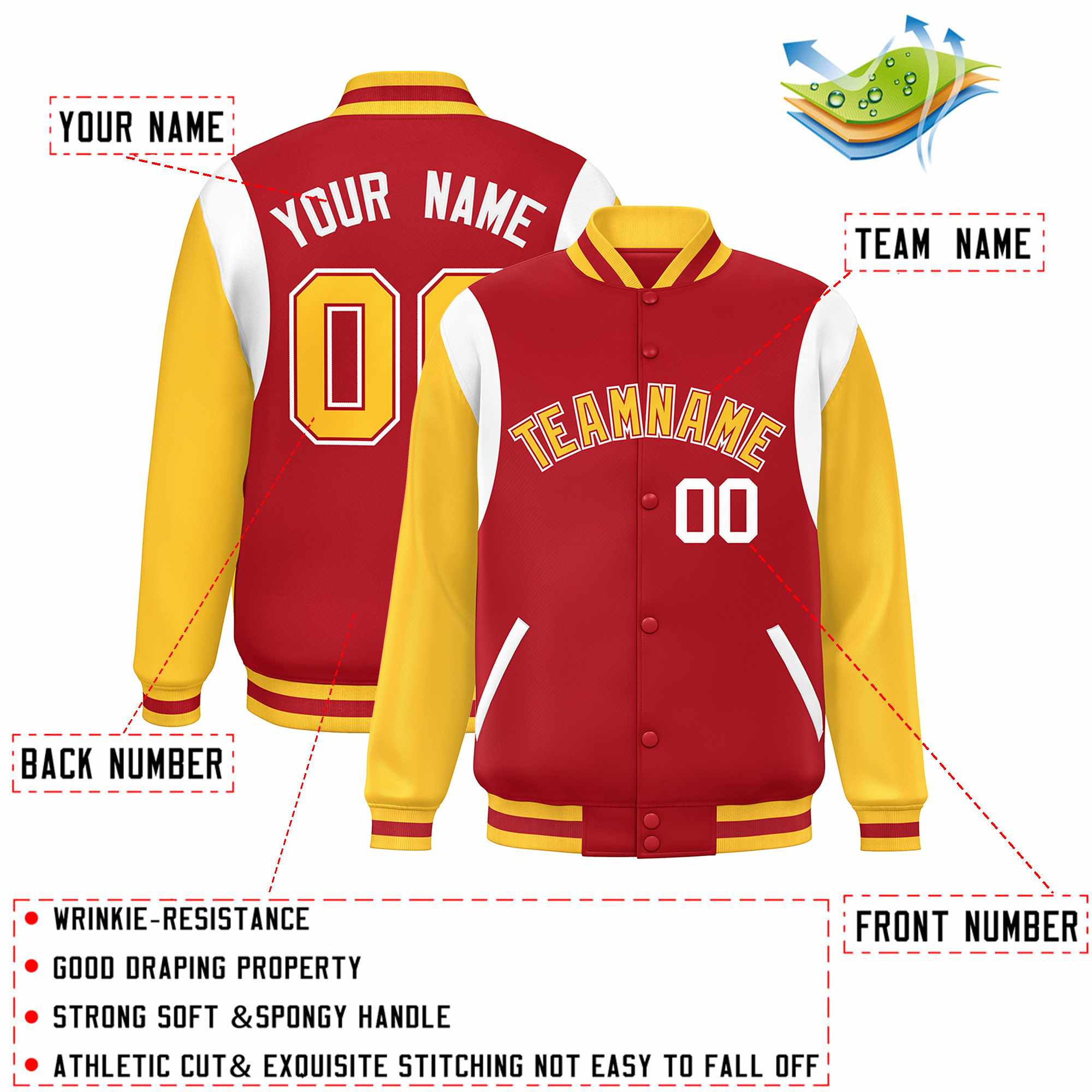 Custom Red Yellow-White Color Block Bomber Varsity Full-Snap Baseball Jacket