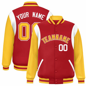 Custom Red Yellow-White Color Block Bomber Varsity Full-Snap Baseball Jacket