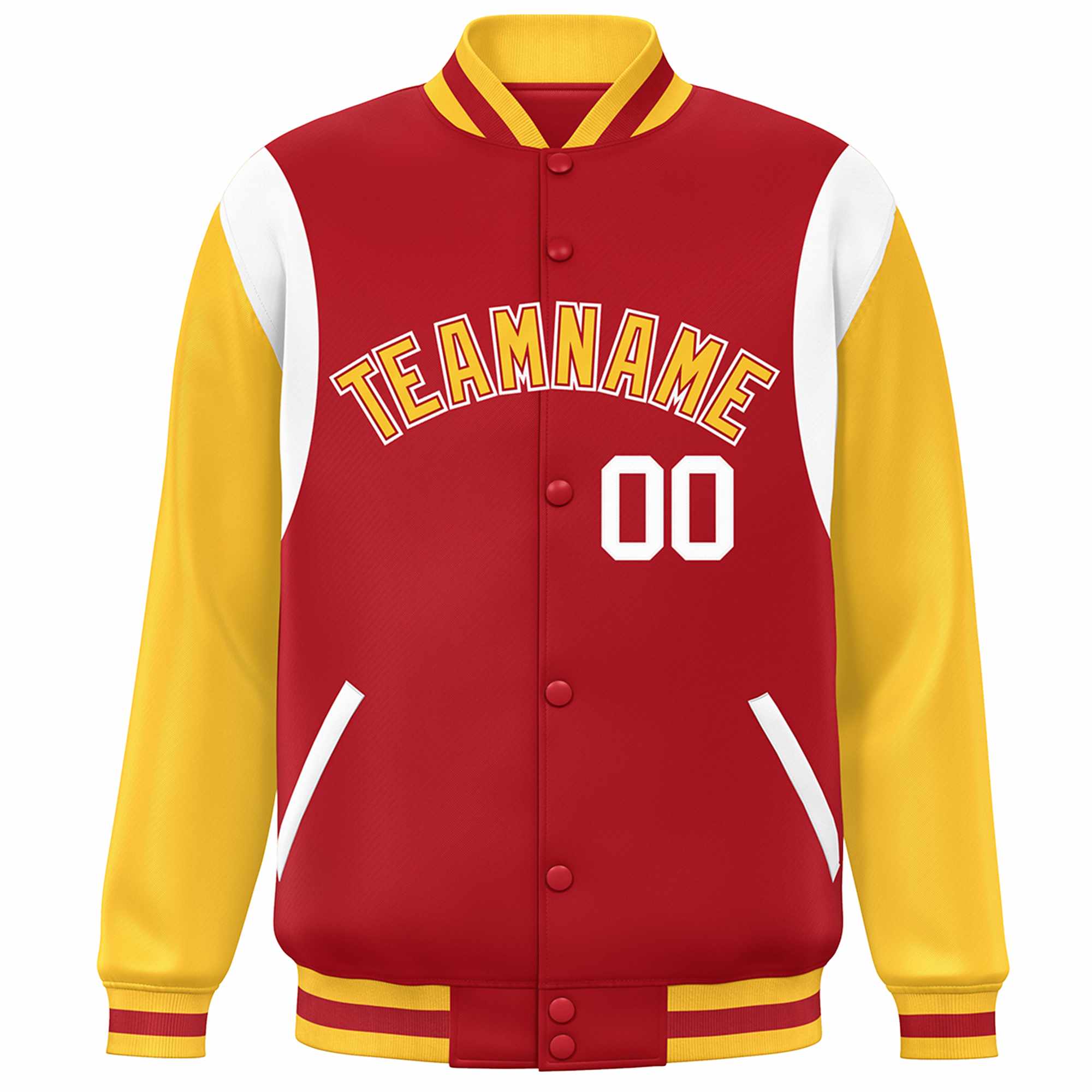 Custom Red Yellow-White Color Block Bomber Varsity Full-Snap Baseball Jacket