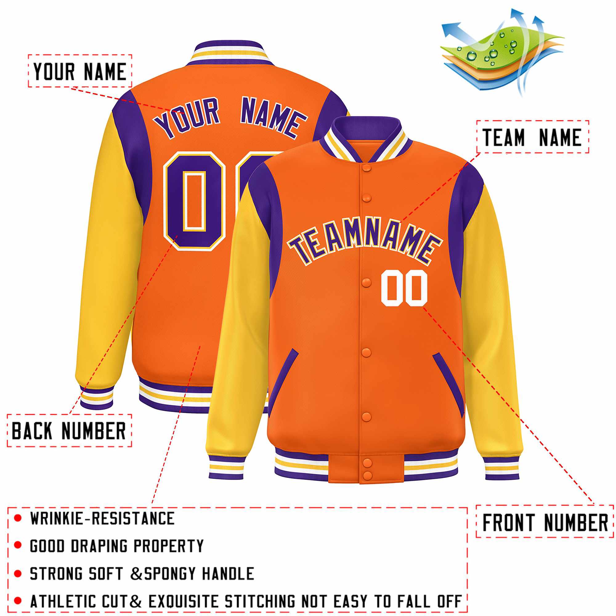 Custom Orange Yellow-Purple Color Block Bomber Varsity Full-Snap Baseball Jacket