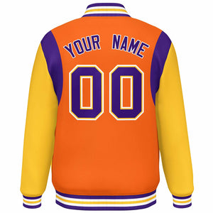 Custom Orange Yellow-Purple Color Block Bomber Varsity Full-Snap Baseball Jacket