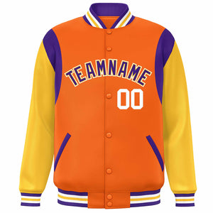 Custom Orange Yellow-Purple Color Block Bomber Varsity Full-Snap Baseball Jacket