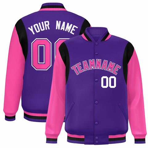 Custom Purple Pink-White Color Block Bomber Varsity Full-Snap Baseball Jacket
