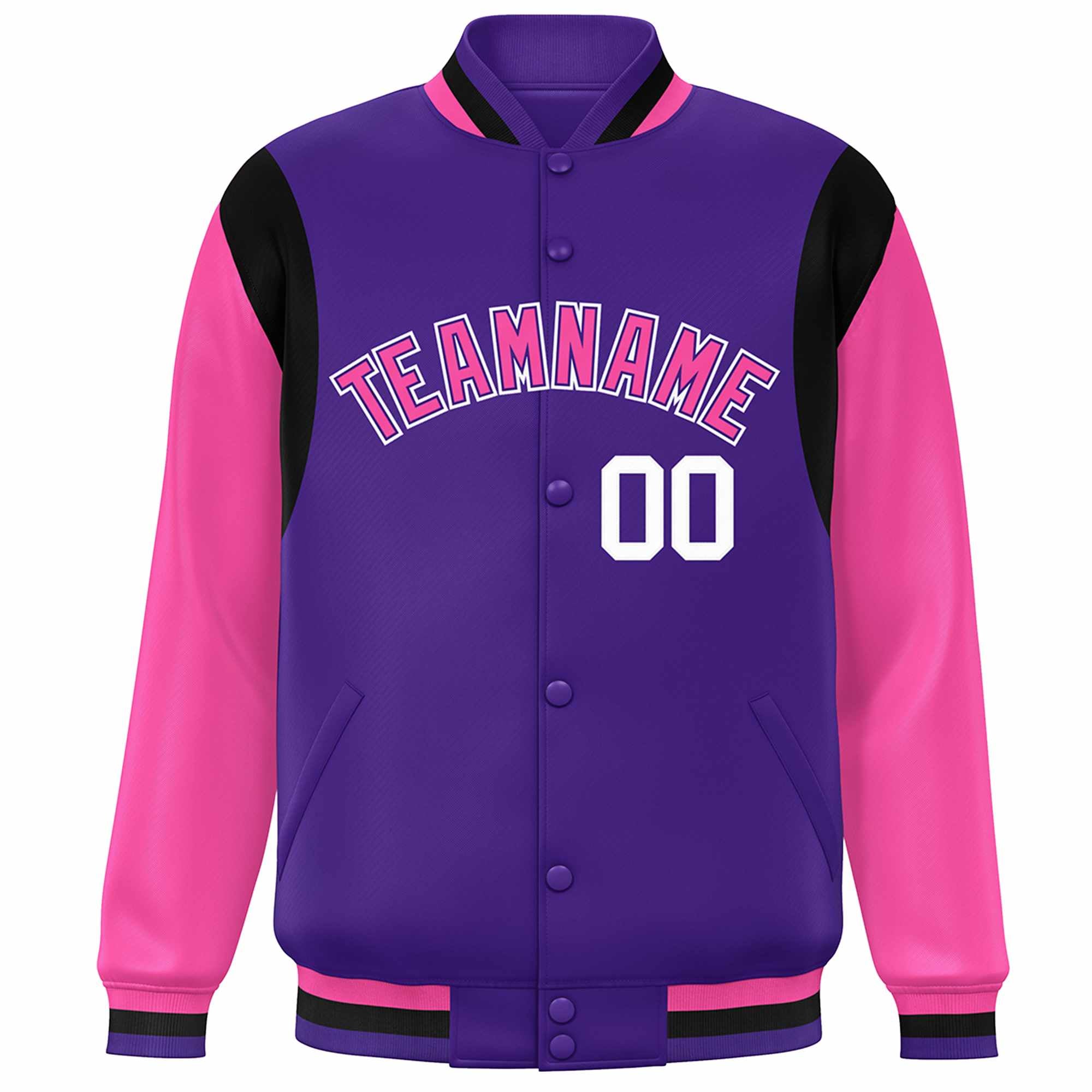 Custom Purple Pink-White Color Block Bomber Varsity Full-Snap Baseball Jacket