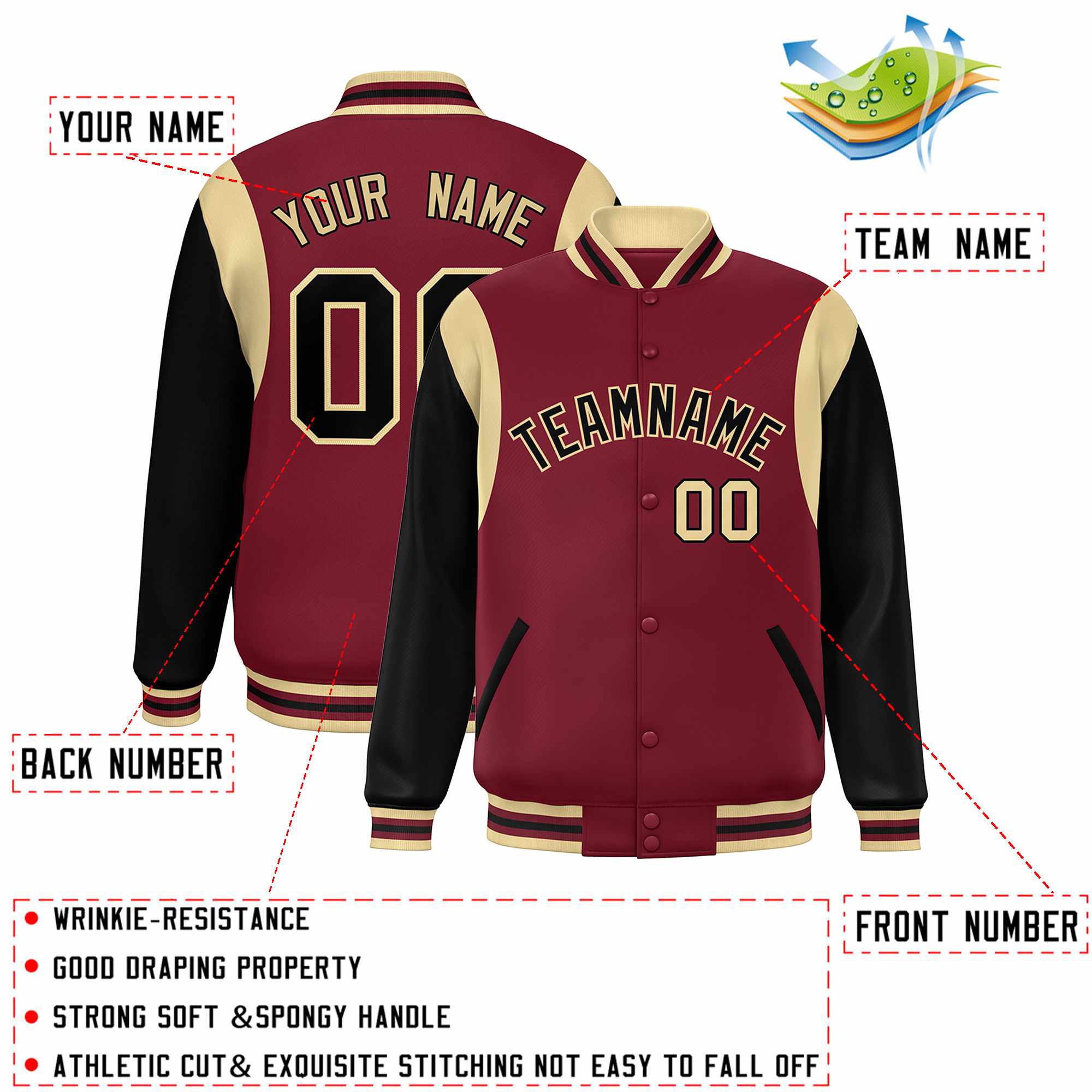 Custom Crimson Black-Khaki Color Block Bomber Varsity Full-Snap Baseball Jacket