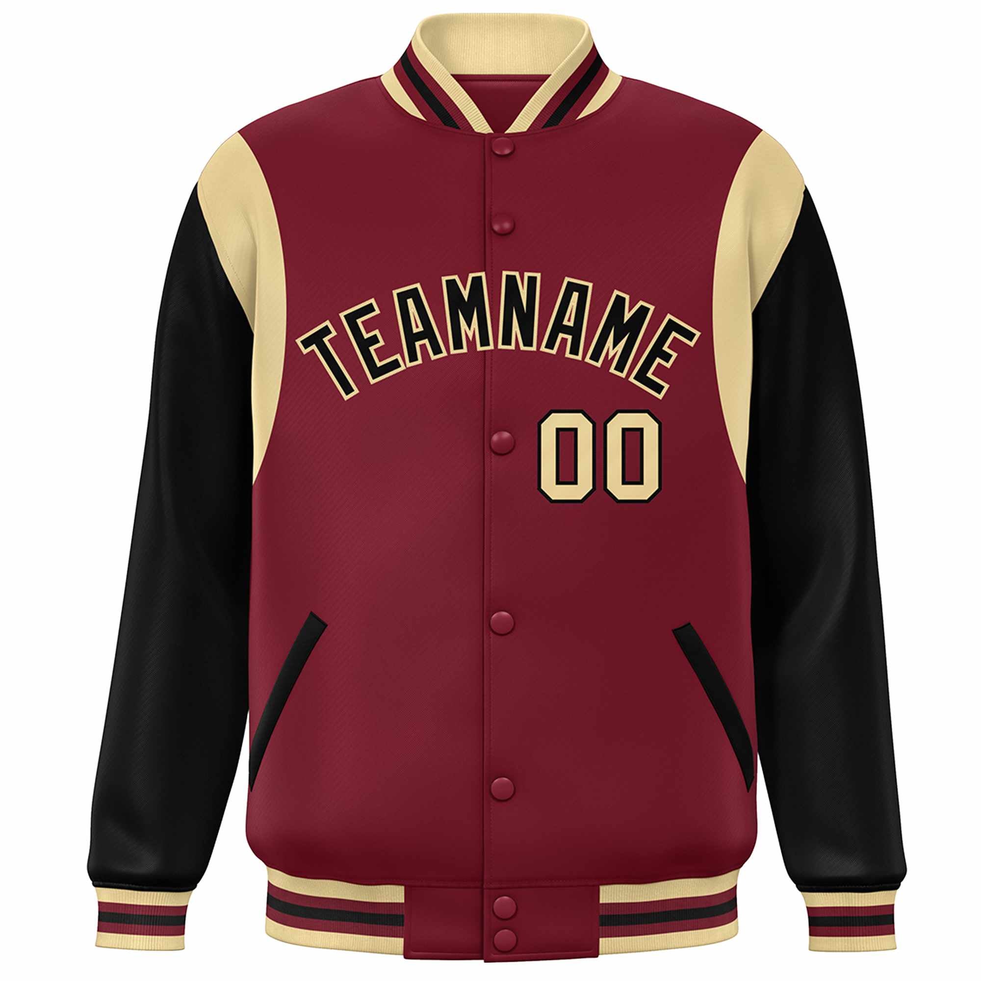 Custom Crimson Black-Khaki Color Block Bomber Varsity Full-Snap Baseball Jacket