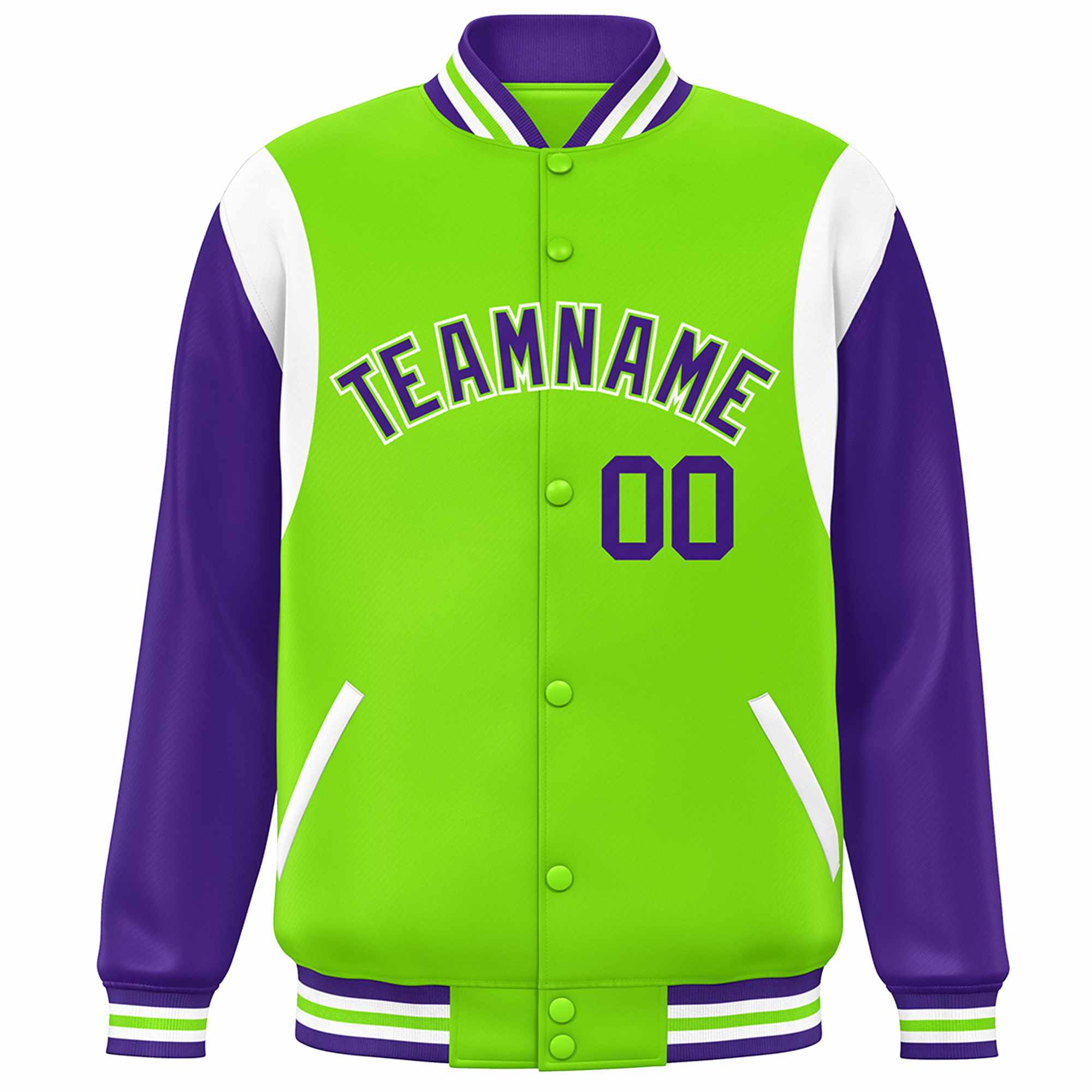 Custom Neon Green Purple-White Color Block Bomber Varsity Full-Snap Baseball Jacket