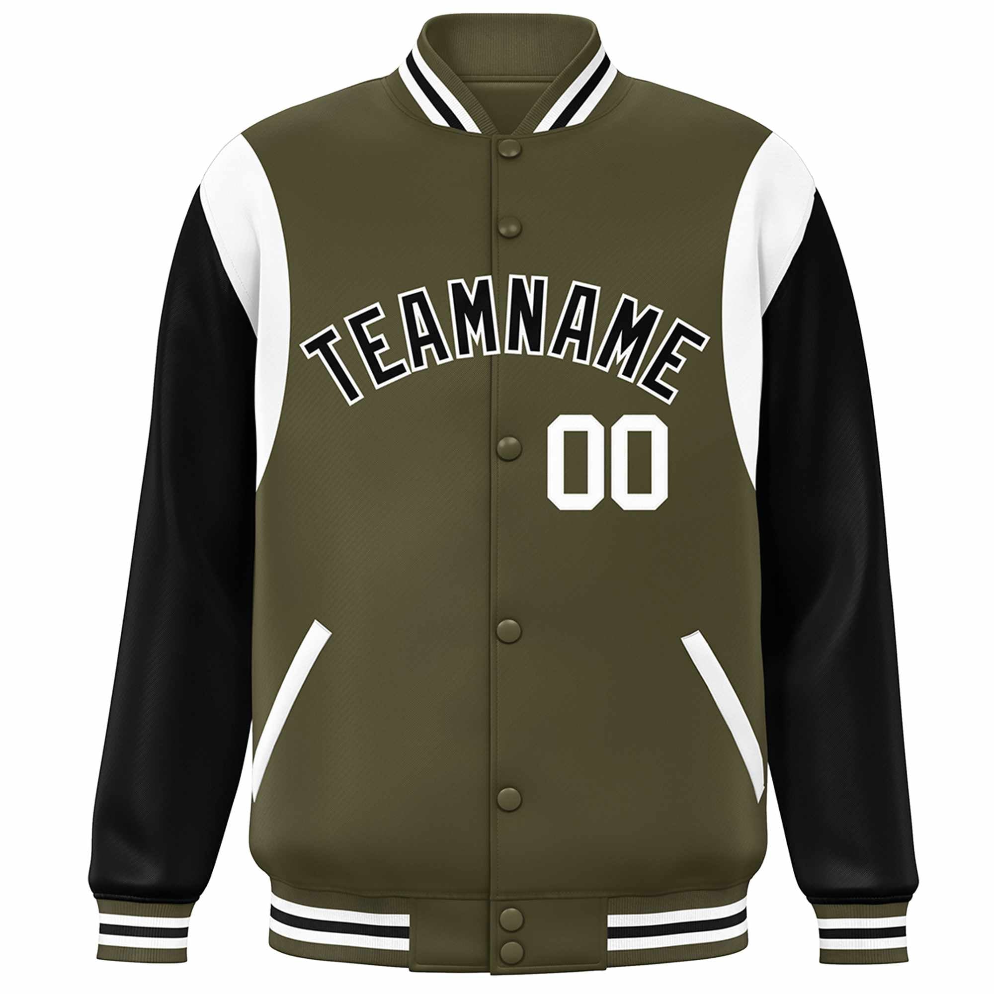 Custom Olive Black-White Color Block Bomber Varsity Full-Snap Baseball Jacket