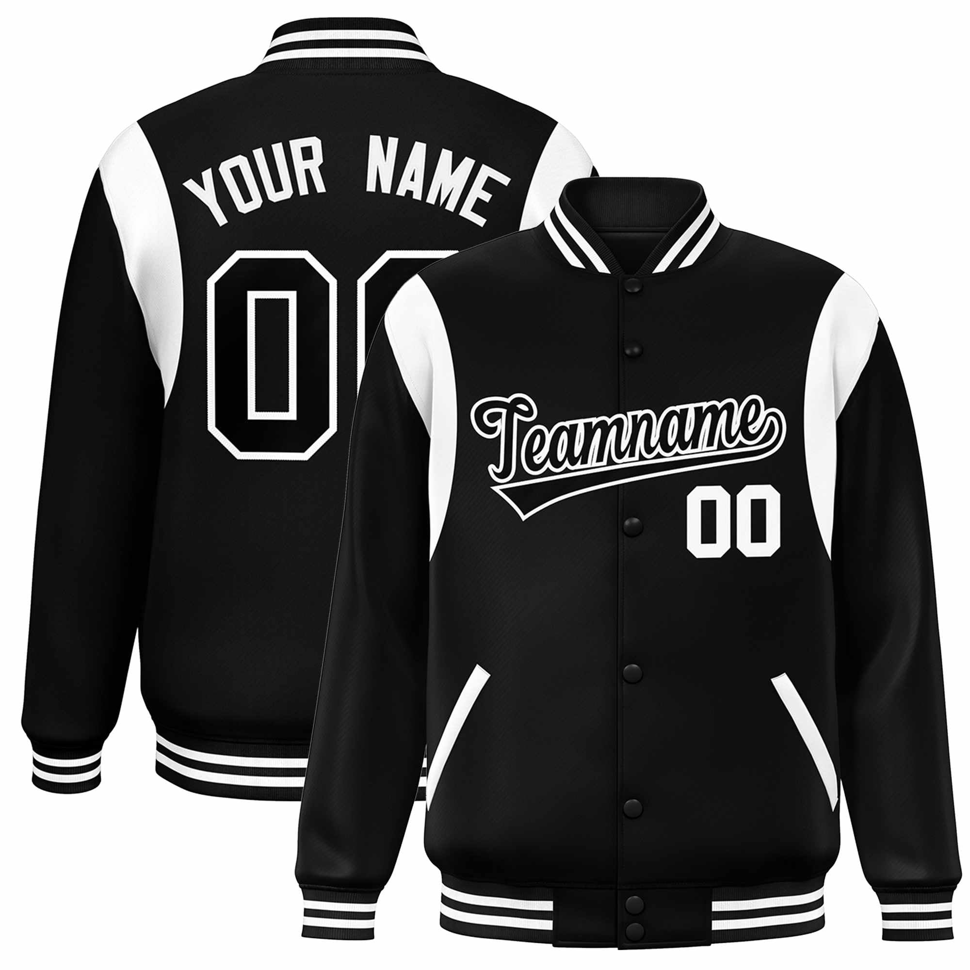 Custom Black White Color Block Bomber Varsity Full-Snap Baseball Jacket